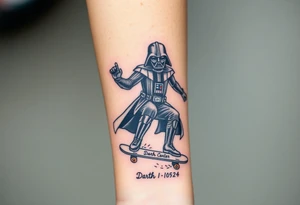 Darth Vader skateboarding with gun> bullets > memorial > god > colors > futuristic/space/star wars
add name "Darth Carter" on skateboard
add date 12/29/88-01/06/24 tattoo idea