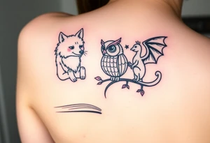 An open book with a werewolf, an owl & a dragon tattoo idea