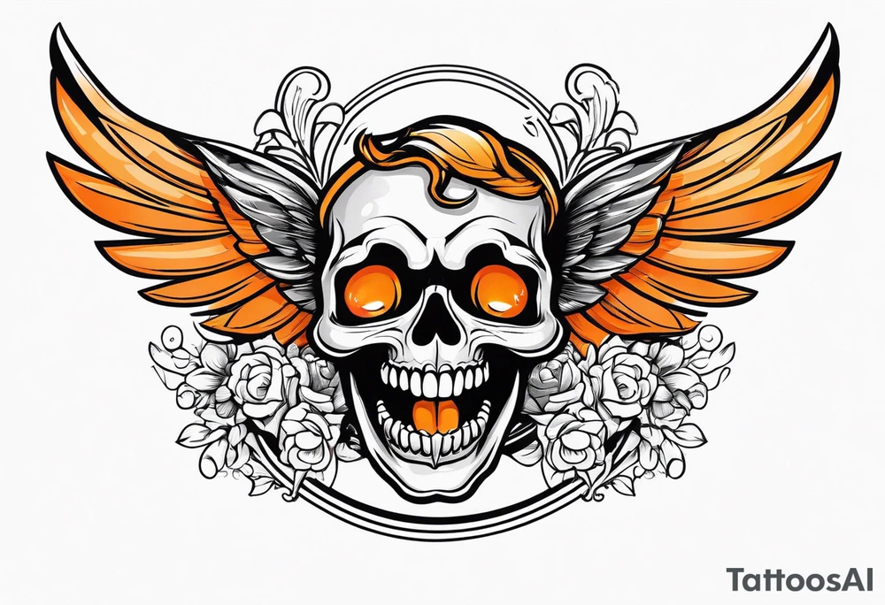 Angel skull laughing black and orange tattoo idea