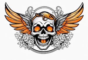 Angel skull laughing black and orange tattoo idea