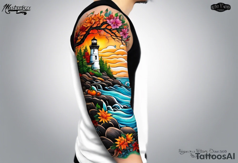 Arm sleeve with fall colors, various flowers, water flow, water splash, light house tattoo idea
