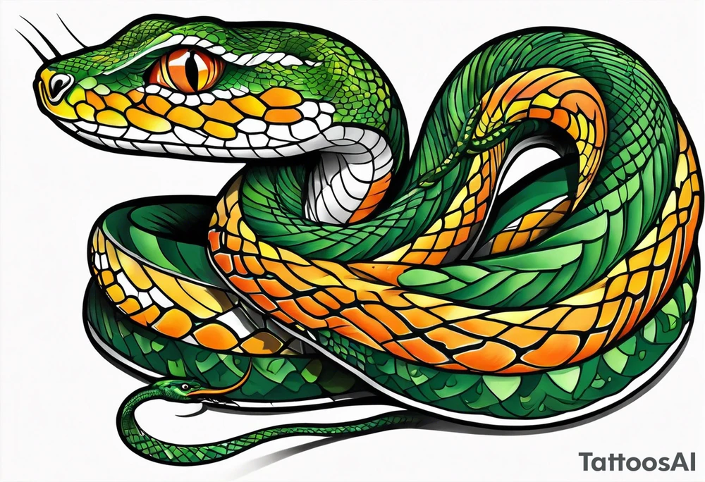 Long Snake  green orange tattoo idea
