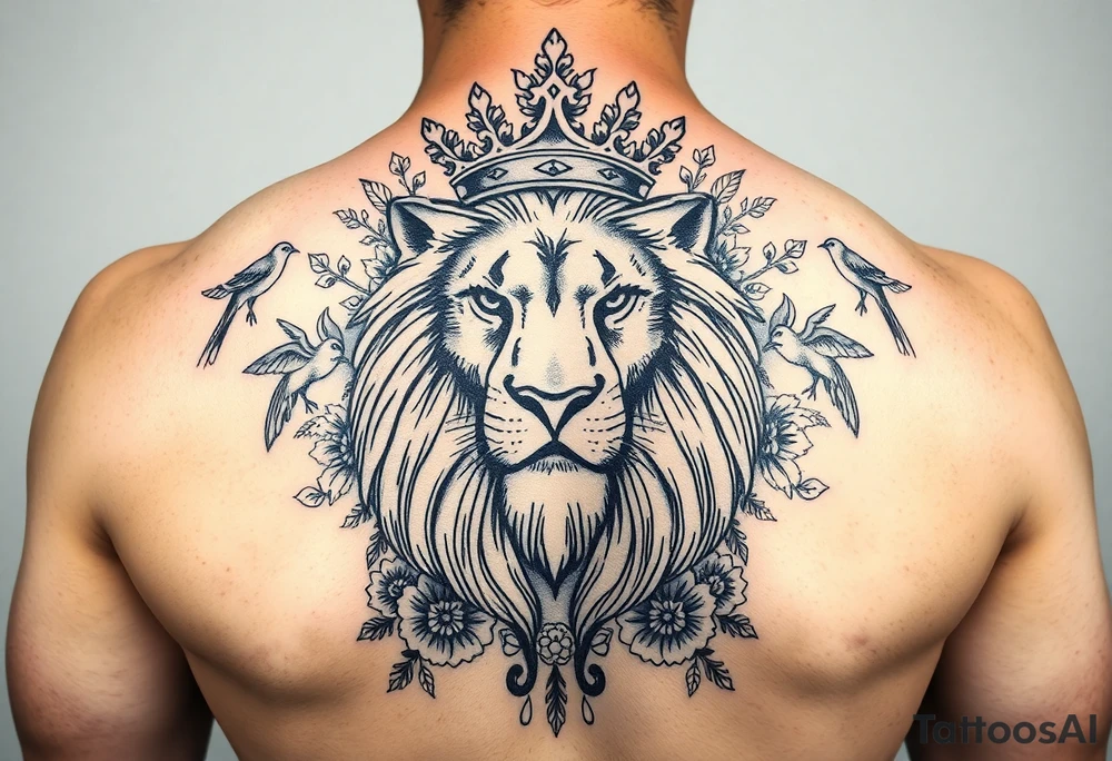 powerful majestic lion with a crown, surrounded by floral ornaments and birds tattoo idea