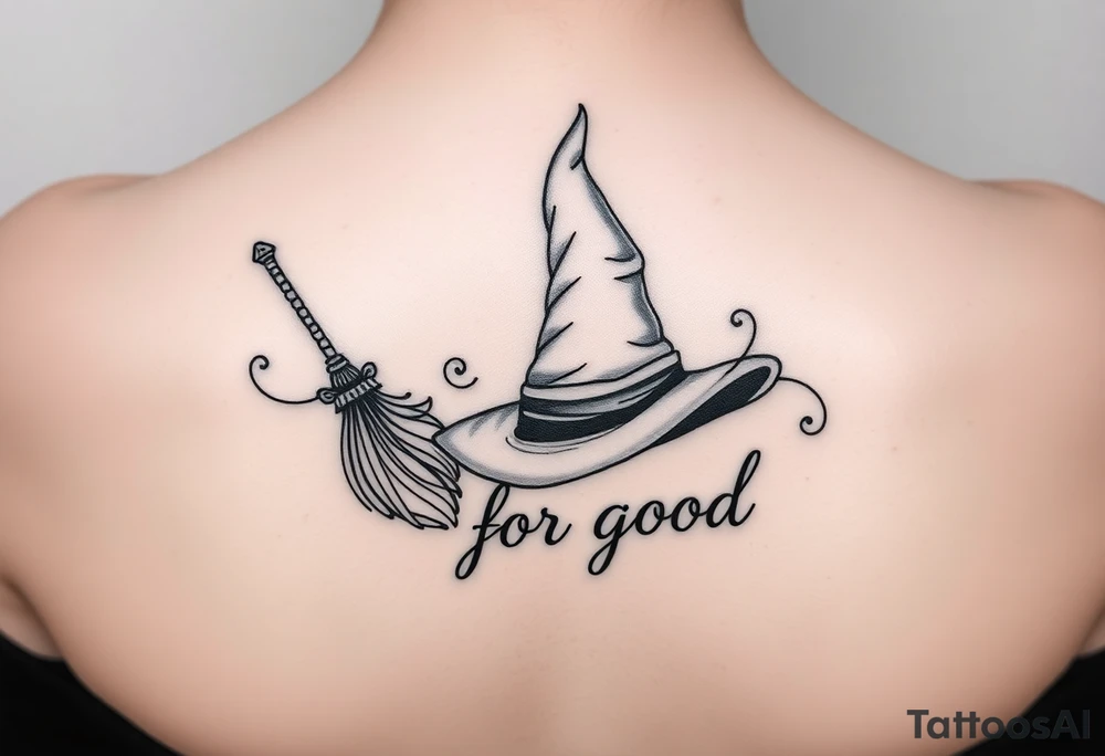 Wicked Broadway theme with a wand, broom, witch hat. Then the lettering “for good” tattoo idea