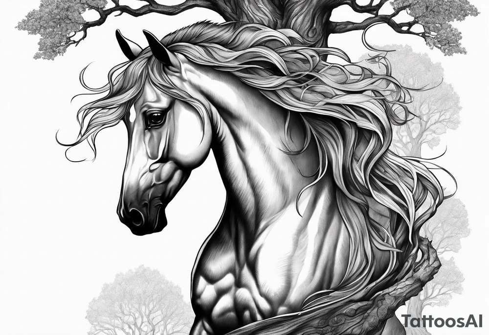 Realistic Horse and Yggdrasil tree tattoo idea