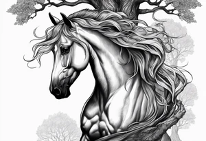 Realistic Horse and Yggdrasil tree tattoo idea