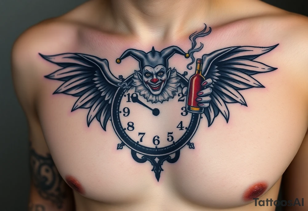 a jester clown floating in smoke with a  clock, the time says 420,  with two open wings besides the clock, smoke as the spring rising from the clock, a jester clown coming out the smoke, smoking in one hand with a liquor bottle on the other hand tattoo idea