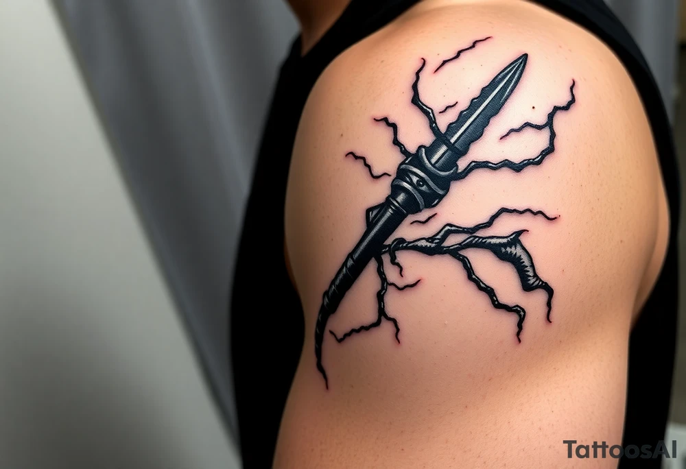 I want a tattoo inspired by the character Izuku midorya from my hero academia. I want his black whip and lighting across my bicep, shoulder and leading slightly to my traps. I want it to be sharp. Not lacking or cringy. Sharp. I don’t want the character or the characters arm. I want the black whip and lighting. tattoo idea