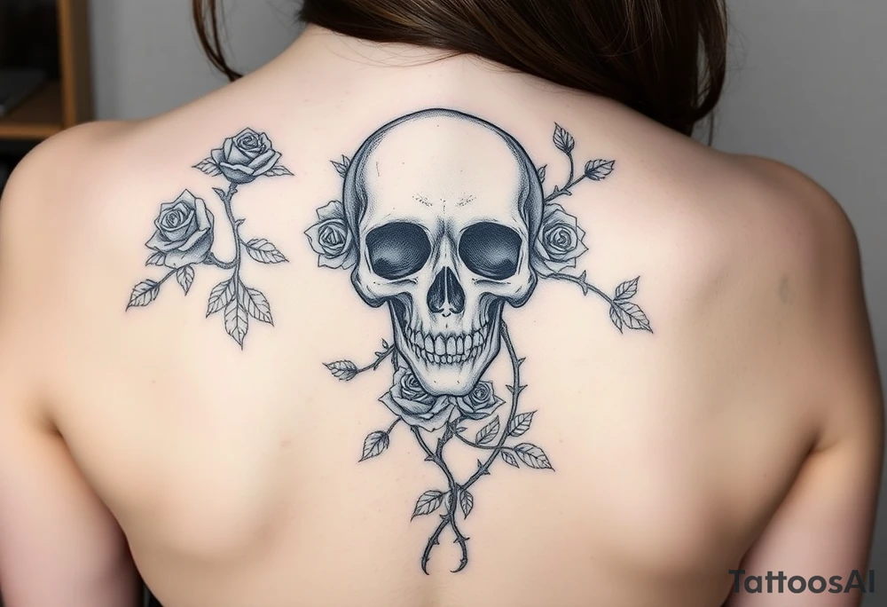 gothic skull intertwined with climbing roses and thorny vines tattoo idea