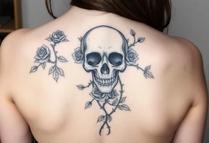 gothic skull intertwined with climbing roses and thorny vines tattoo idea