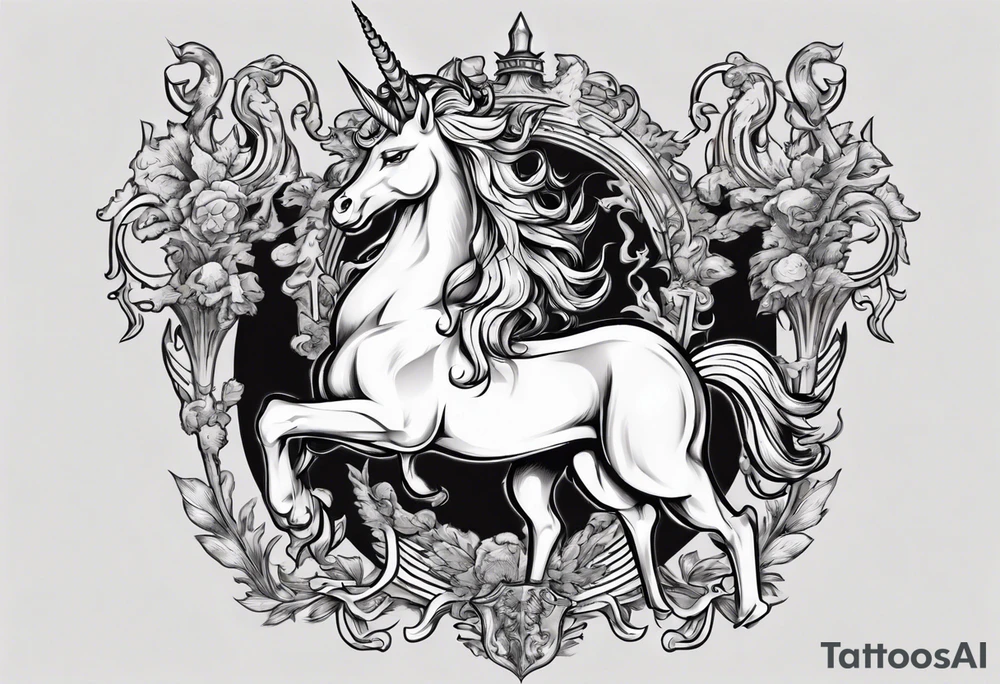 Coat of arms with a thick, tough looking unicorn. tattoo idea