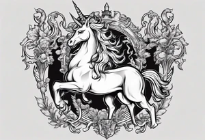 Coat of arms with a thick, tough looking unicorn. tattoo idea