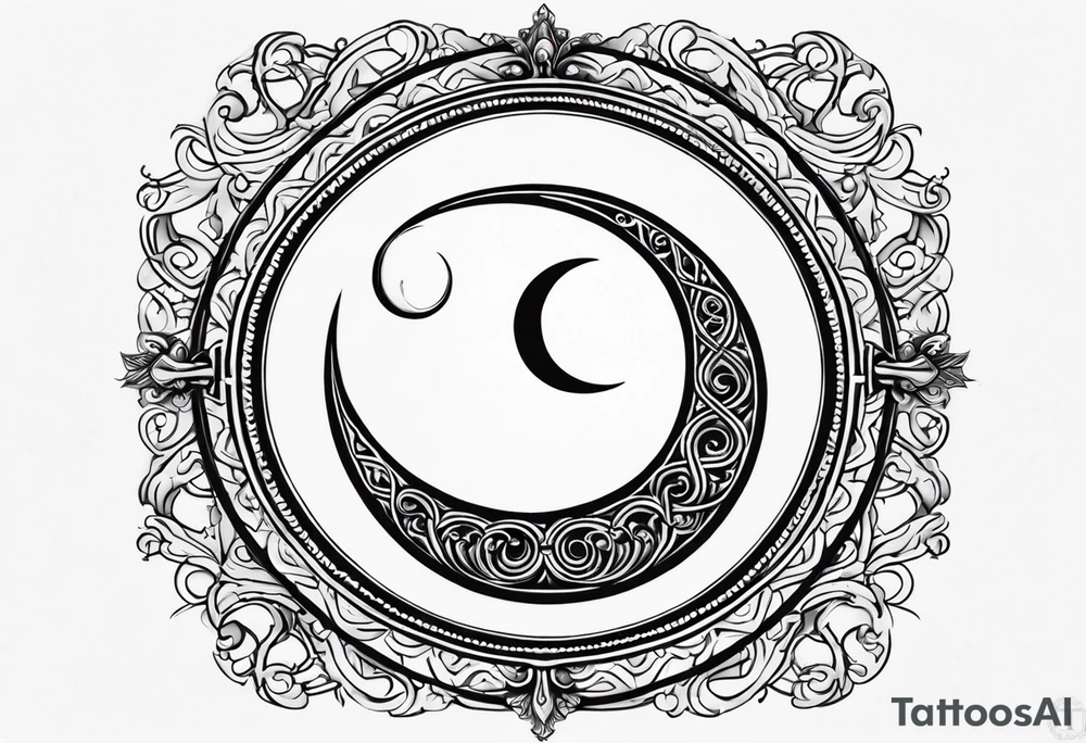 Trishul Overlay on Crescent Moon: A crescent moon with a small trident overlaid or intersecting through it. This design would have the trident positioned vertically through the moon or slightly off-center tattoo idea