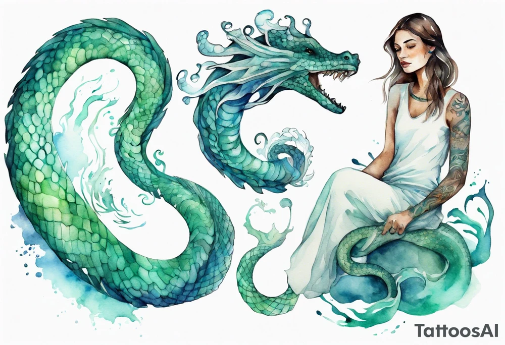 a sea serpent next to a women with blue-green in a white tunic tattoo idea