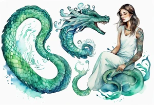 a sea serpent next to a women with blue-green in a white tunic tattoo idea