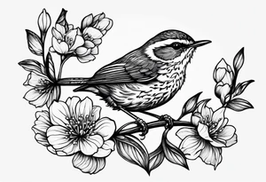 Create a delicate tattoo of a wren nestled among blossoms, highlighting its small size and charming features tattoo idea