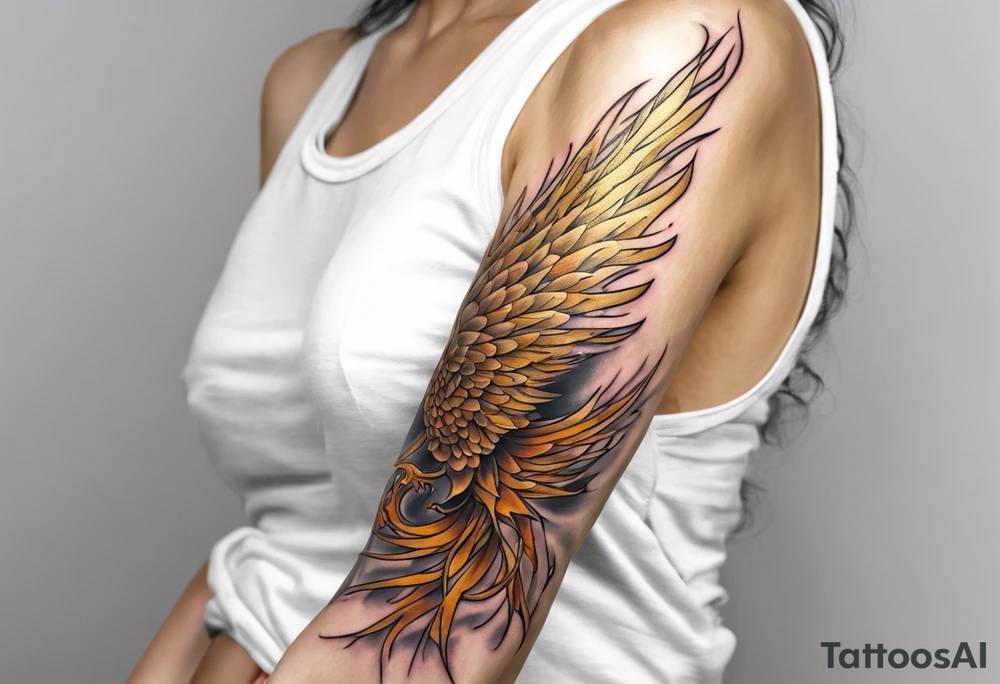 Sleeve tattoo on a woman's arm. Gold Phoenix tattoo idea