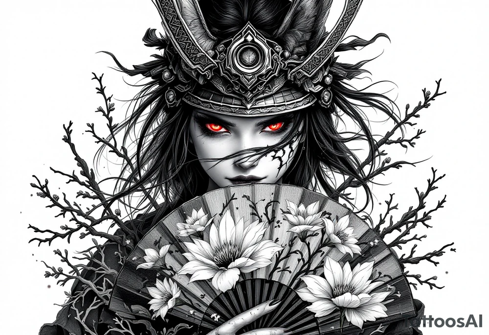 Woman samurai with red eyes wearing an half and broken kitsune mask, holding a japanese fan with Sakura flowers tattoo idea