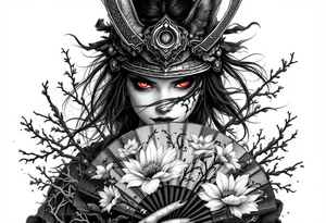 Woman samurai with red eyes wearing an half and broken kitsune mask, holding a japanese fan with Sakura flowers tattoo idea