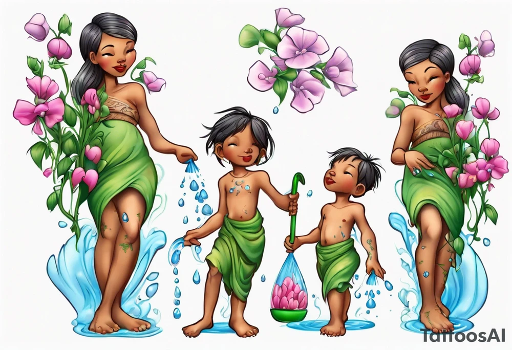 ethnic 
water-bearing woman and two little boys, watering sweet pea flowers cascading down, (leg art) tattoo idea