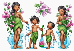 ethnic 
water-bearing woman and two little boys, watering sweet pea flowers cascading down, (leg art) tattoo idea