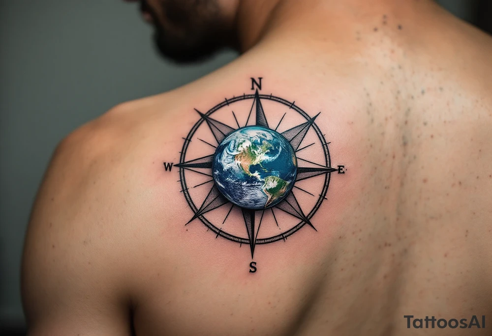 A small detailed Earth in rich cobalt and forest green floats inside a fine black geometric compass. tattoo idea
