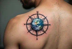 A small detailed Earth in rich cobalt and forest green floats inside a fine black geometric compass. tattoo idea