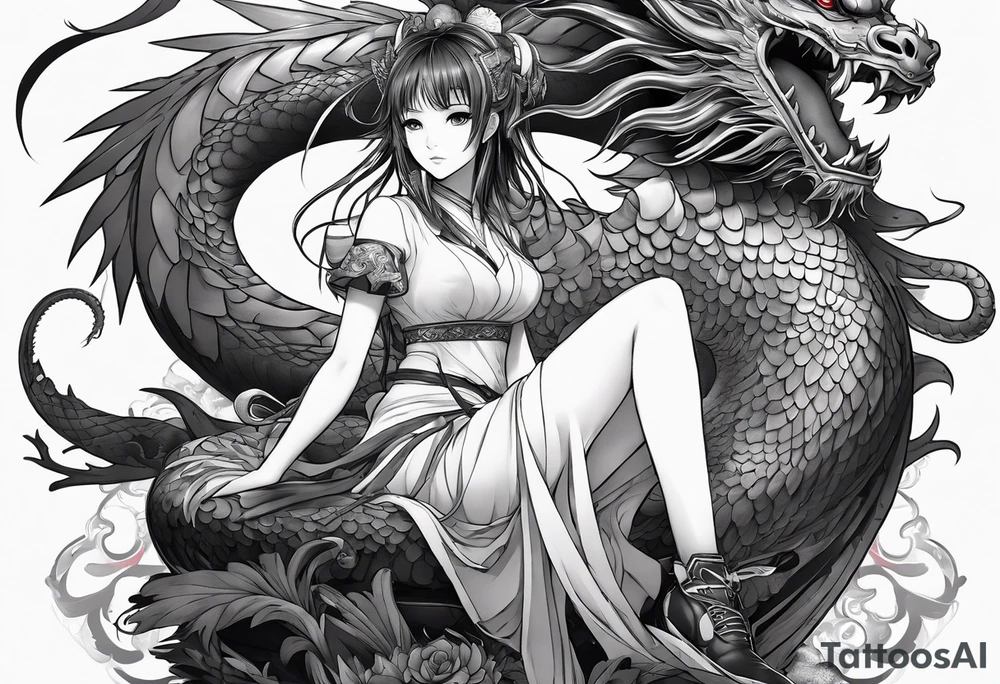 a full shot of an anime girl seen from far, sitting on a ball and surrounded by asian dragon with wings tattoo idea