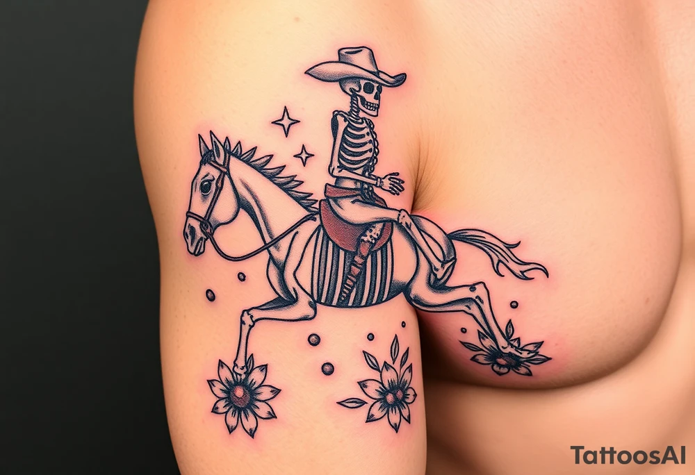 cowboy skeleton riding a skeleton horse, Fill with stars, dots, and flowers tattoo idea