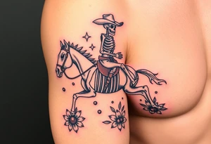 cowboy skeleton riding a skeleton horse, Fill with stars, dots, and flowers tattoo idea