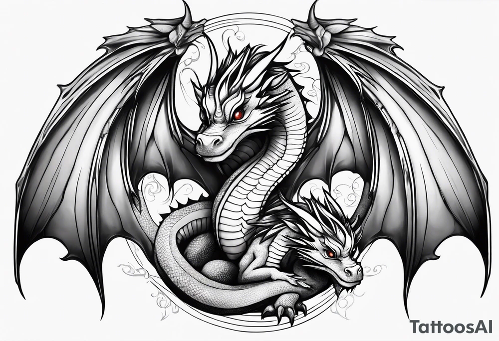 Mother dragon wings spread with 3 baby dragons tattoo idea Mother dragon wings spread with 3 baby dragons tattoo idea