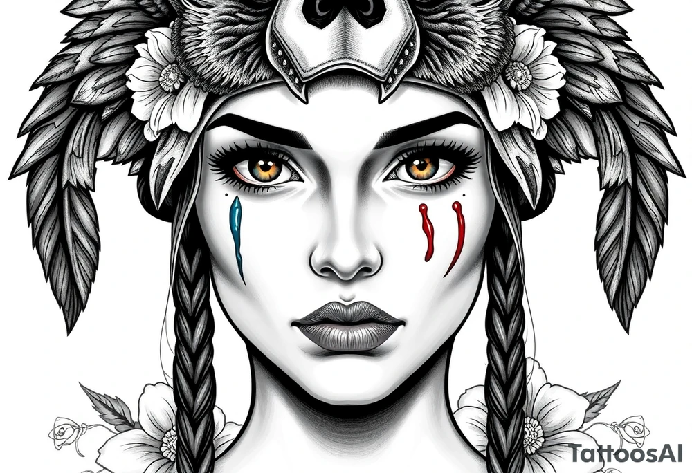 Young Symmetrical Beautiful Woman, looking forward, with colored eyes, shedding a tear, with battle scars and blood on face, with soft look, wearing a mean looking bear headdress on head, with flower background tattoo idea