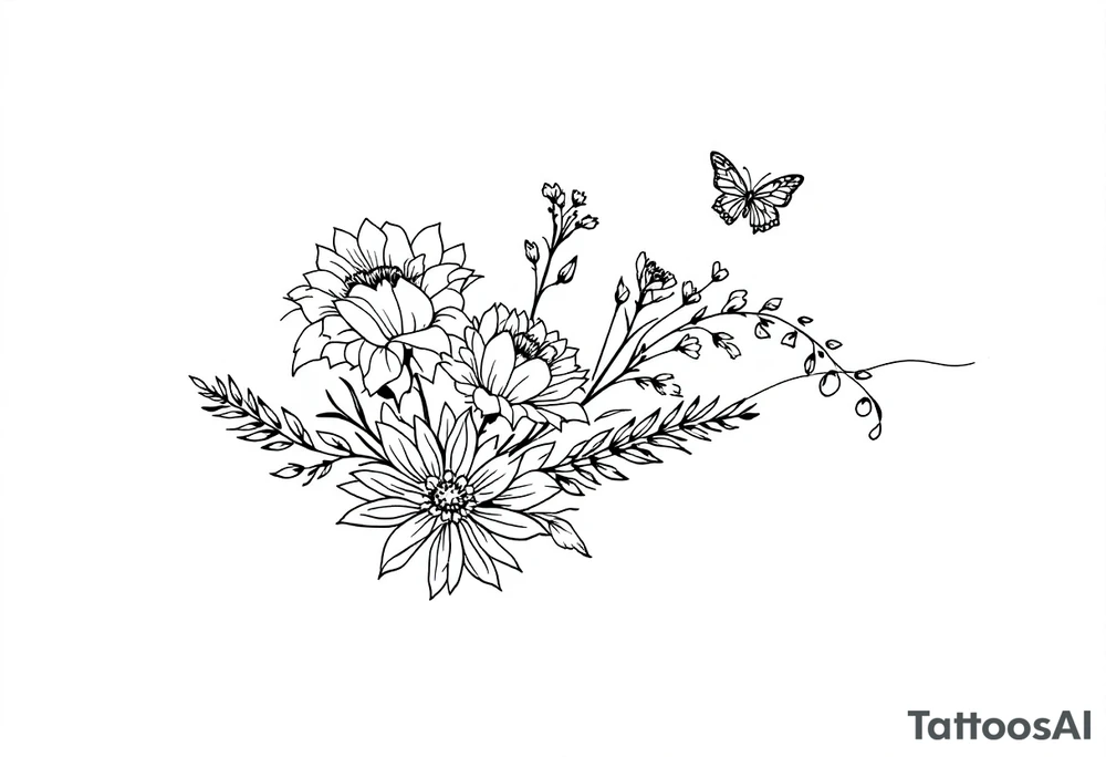 flowers, heart and butterfly tattoo idea