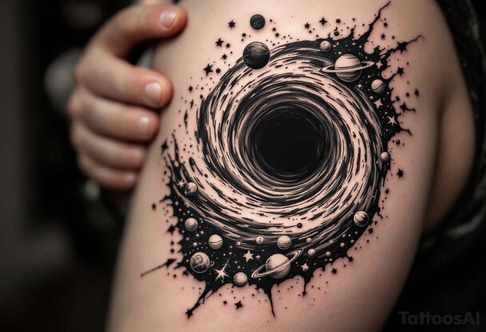 A black hole sucking up stars and planets and then spitting them out on the other side tattoo idea