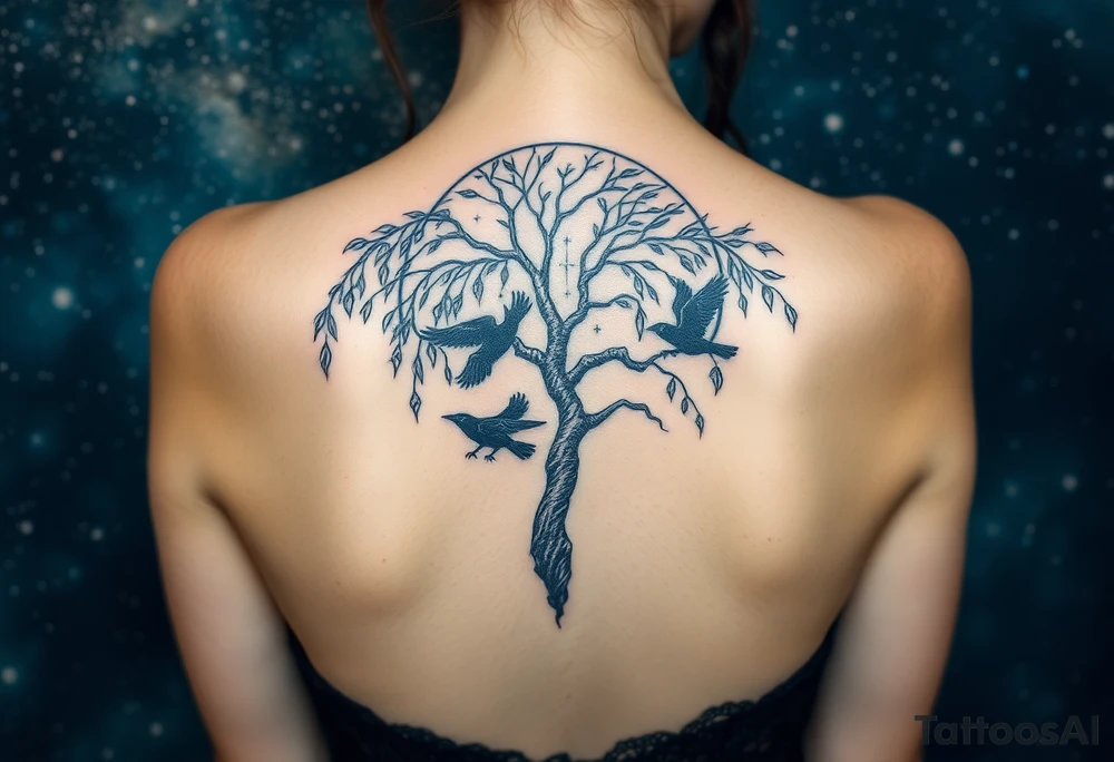 Weeping willow with starry sky background with zodiac constellations in it with runes and ravens tattoo idea