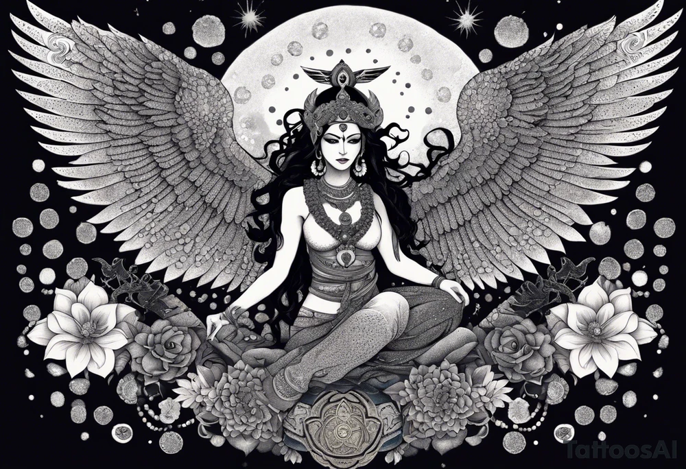 black kali, goddess pirate, alien, angel, pachamama, valkrye, warrior, flying, skull, lotus azul, wing, eagle, zenza resonance, stars, 5D, anahata chakra, death, durga, riding on a tiger, flying lady, kundalini, chest tatoo, samuri, rebel,serpent tattoo idea