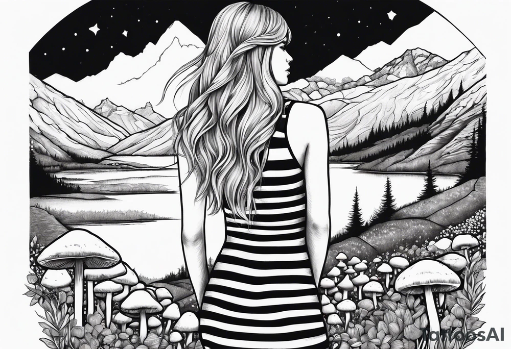 Straight long blonde hair girl in distance holding mushrooms in hand facing away toward mountains surrounded by mushrooms black and white striped dress tattoo idea