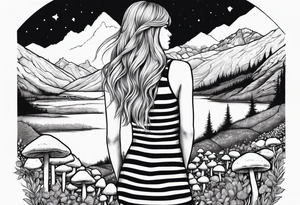 Straight long blonde hair girl in distance holding mushrooms in hand facing away toward mountains surrounded by mushrooms black and white striped dress tattoo idea