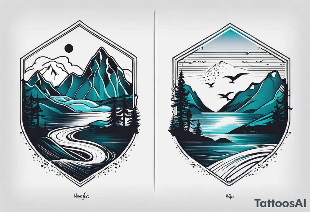 This is a minimalistic tattoo that is split into 2 sections; a top half and a bottom half. The top half is a mountain in Norway with a mountain bike trail winding down the mountain. The bottom half of the tattoo depicts an underwater scene featuring water, and sea life. tattoo idea