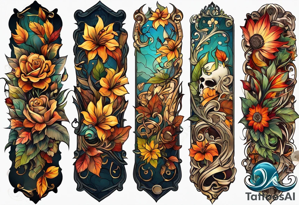 arm sleeve with fall colors, flowers, water flow shapes, leaves and various natural shapes, music notes, skulls tattoo idea