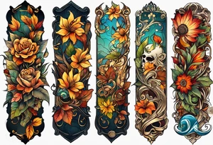 arm sleeve with fall colors, flowers, water flow shapes, leaves and various natural shapes, music notes, skulls tattoo idea