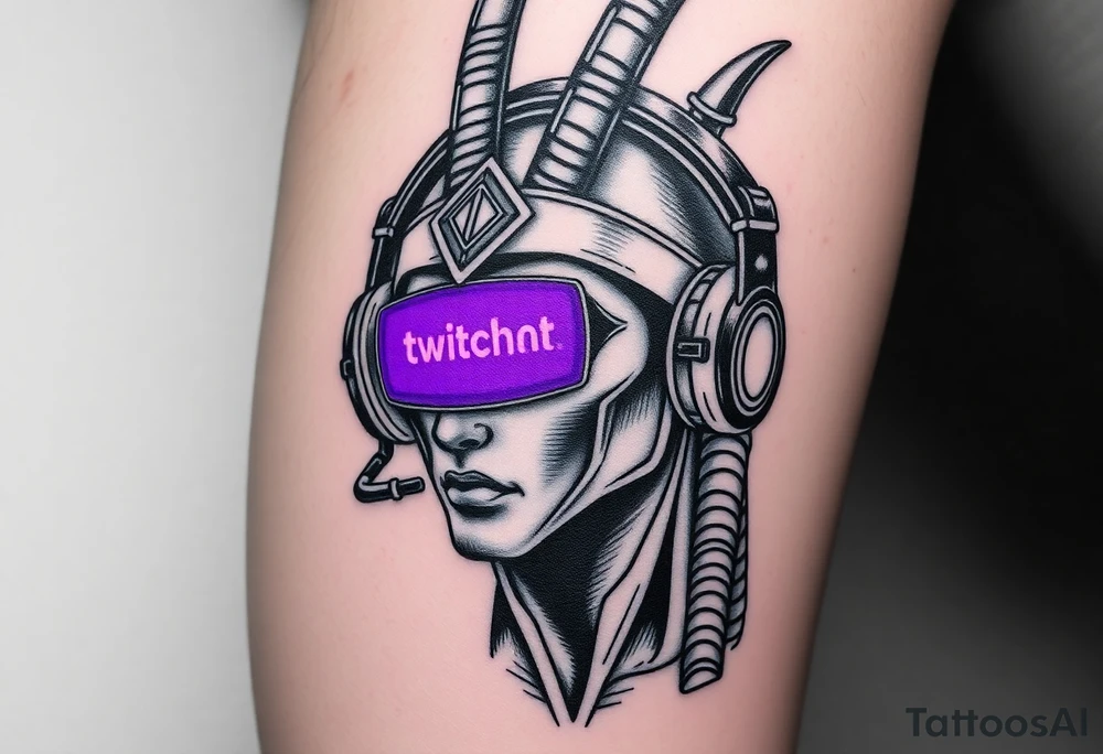 "Anubis with streamer headset, broadcasting to:  
- Left eye: Twitch chat ('F in chat for humanity')  
- Right eye: Дзен-просветление (ASCII-арт мандалы)  
Title: *'Unboxing your afterlife (4K 60fps)'*.  

Style: Digital trash art. Purple/black. Thigh." tattoo idea