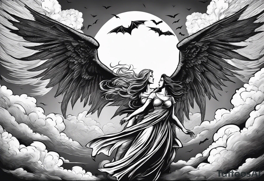 angel woman and devil woman fighting, arguing on the sky , big wings and full body, angel at the right side and have normal wing but devil woman at the left side and with bat wing tattoo idea