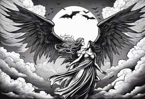 angel woman and devil woman fighting, arguing on the sky , big wings and full body, angel at the right side and have normal wing but devil woman at the left side and with bat wing tattoo idea
