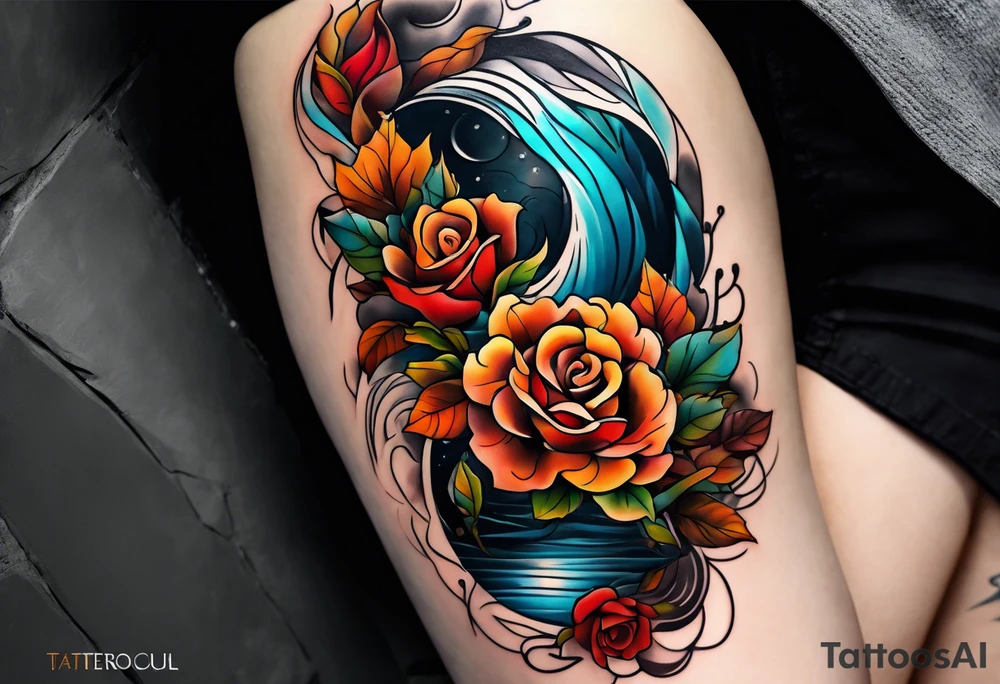 thigh tattoo in fall colors, showing, water flow, rocks, sky, clouds, leaves, roses tattoo idea