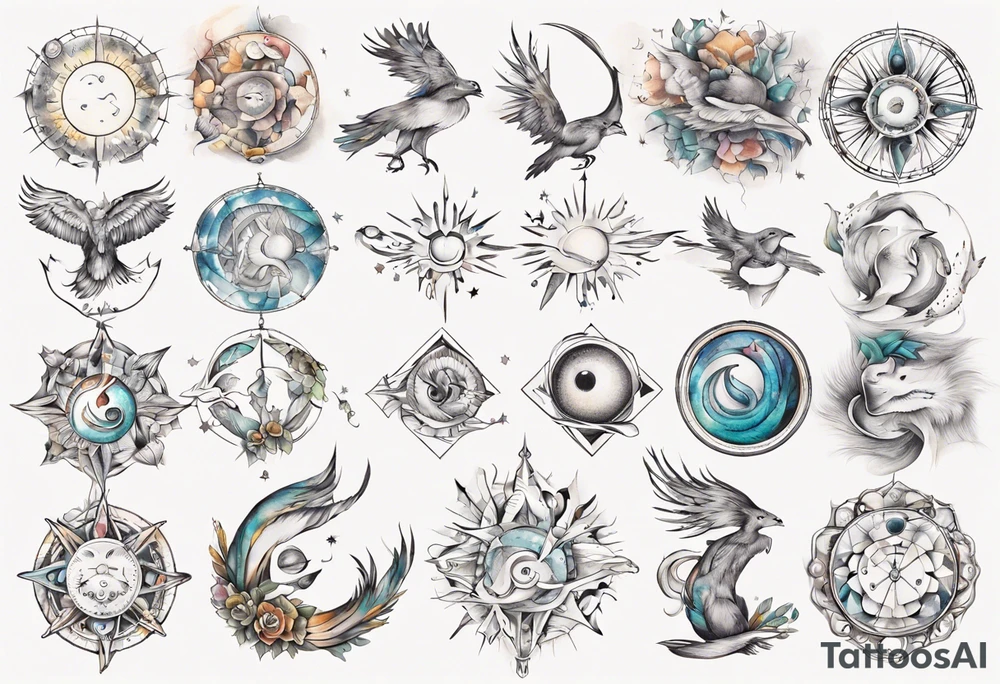 fisch, fuchs und eule , symetrie  sonne, universum, bunt, " sapere aude" tattoo idea