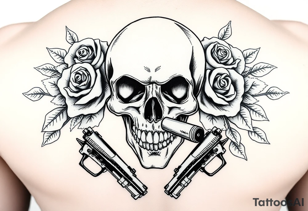 A skull with a cigar, surrounded by thorny roses and crossed pistols. tattoo idea