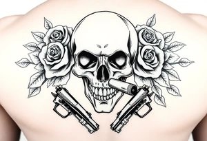 A skull with a cigar, surrounded by thorny roses and crossed pistols. tattoo idea