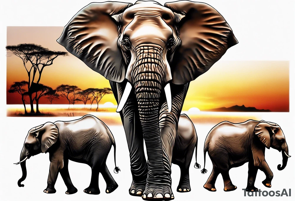 family of 6 elephants walking into sunset tattoo idea