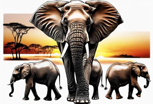 family of 6 elephants walking into sunset tattoo idea